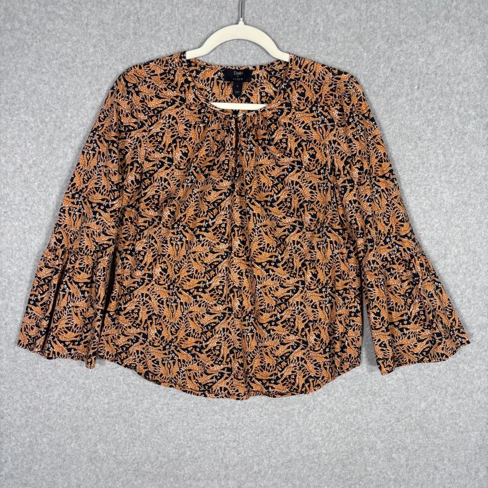 J Crew x Drakes London Blouse Size 6‎ Navy Orange Giraffe Print Popover Safari